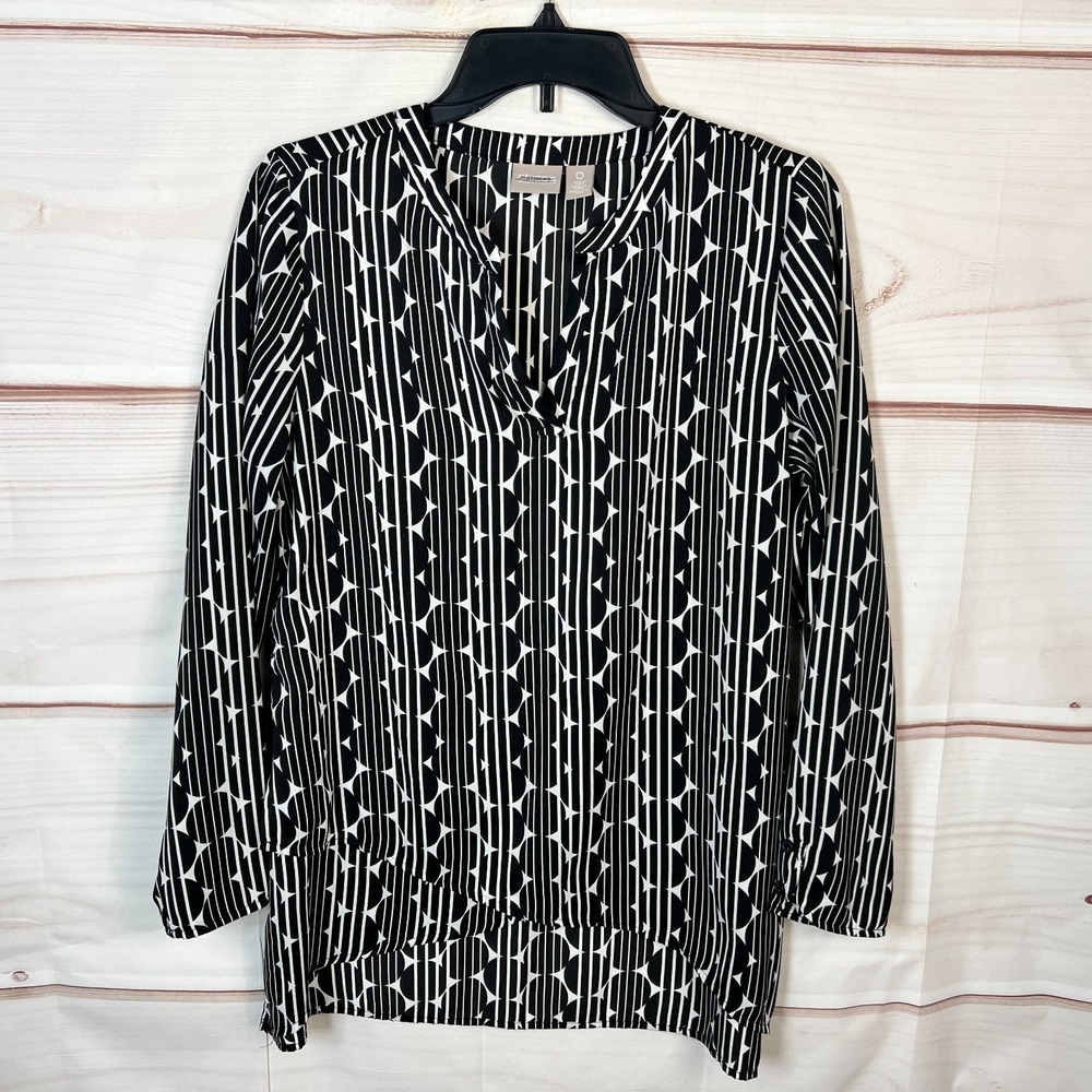 Chicos Top Womens 0 Small Black Circle Print Blouse Tunic V-Neck Pullover Woven